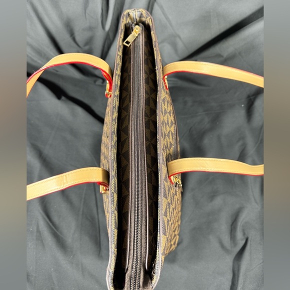 Elim & Paul Tan with Cream Square Patterned Tote Purse - Like New - Picture 10 of 16